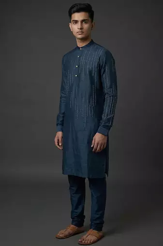 Navy blue silk kurta set for men's