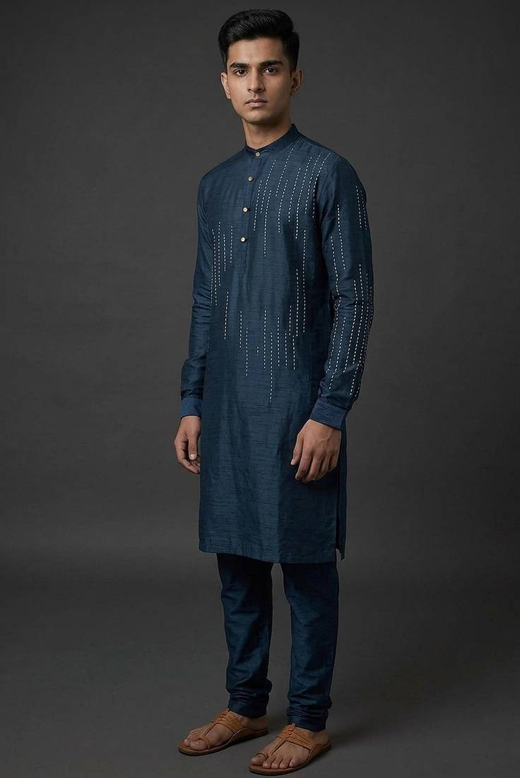 Navy blue silk kurta set for men's