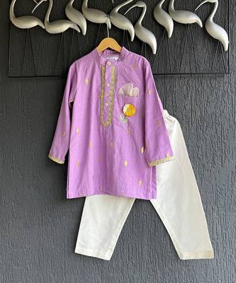 Lavender floral printed cotton silk father son kurta combo set 4