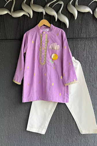 Lavender floral printed cotton silk father son kurta combo set