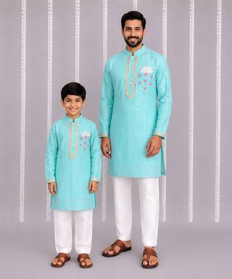 Aqua blue printed cotton silk father son kurta combo set 1