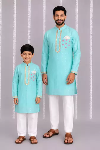 Aqua blue printed cotton silk father son kurta combo set
