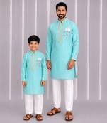 Aqua blue printed cotton silk father son kurta combo set
