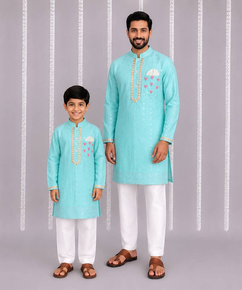 Aqua blue printed cotton silk father son kurta combo set