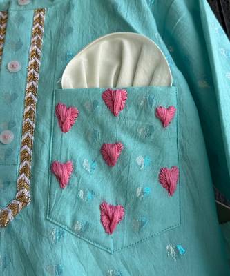 Aqua blue printed cotton silk father son kurta combo set 2