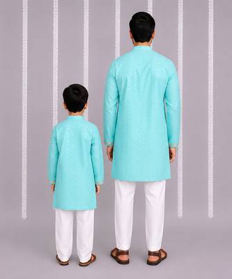 Aqua blue printed cotton silk father son kurta combo set 3