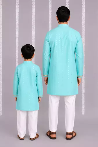 Aqua blue printed cotton silk father son kurta combo set