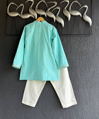 Aqua blue printed cotton silk father son kurta combo set 4