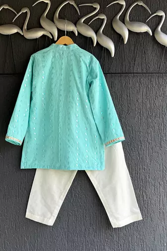 Aqua blue printed cotton silk father son kurta combo set