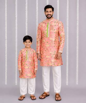 Peach pink floral printed cotton silk father son kurta combo set 1