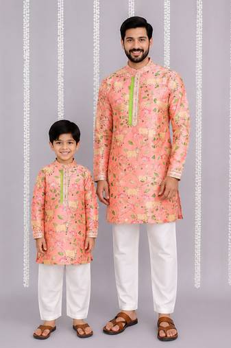 Peach pink floral printed cotton silk father son kurta combo set