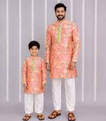 Peach pink floral printed cotton silk father son kurta combo set