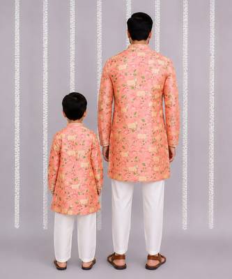 Peach pink floral printed cotton silk father son kurta combo set 3