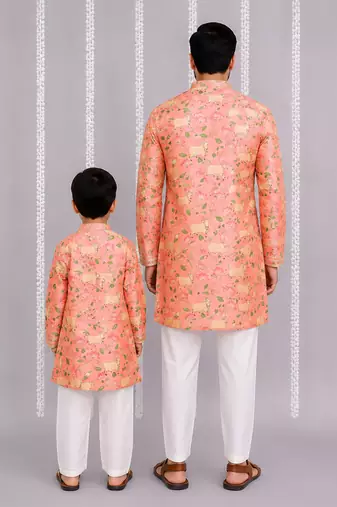 Peach pink floral printed cotton silk father son kurta combo set