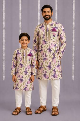 Purple off white printed cotton silk father son kurta combo set