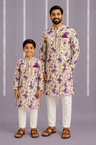 Purple off white printed cotton silk father son kurta combo set