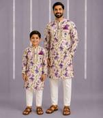 Purple off white printed cotton silk father son kurta combo set