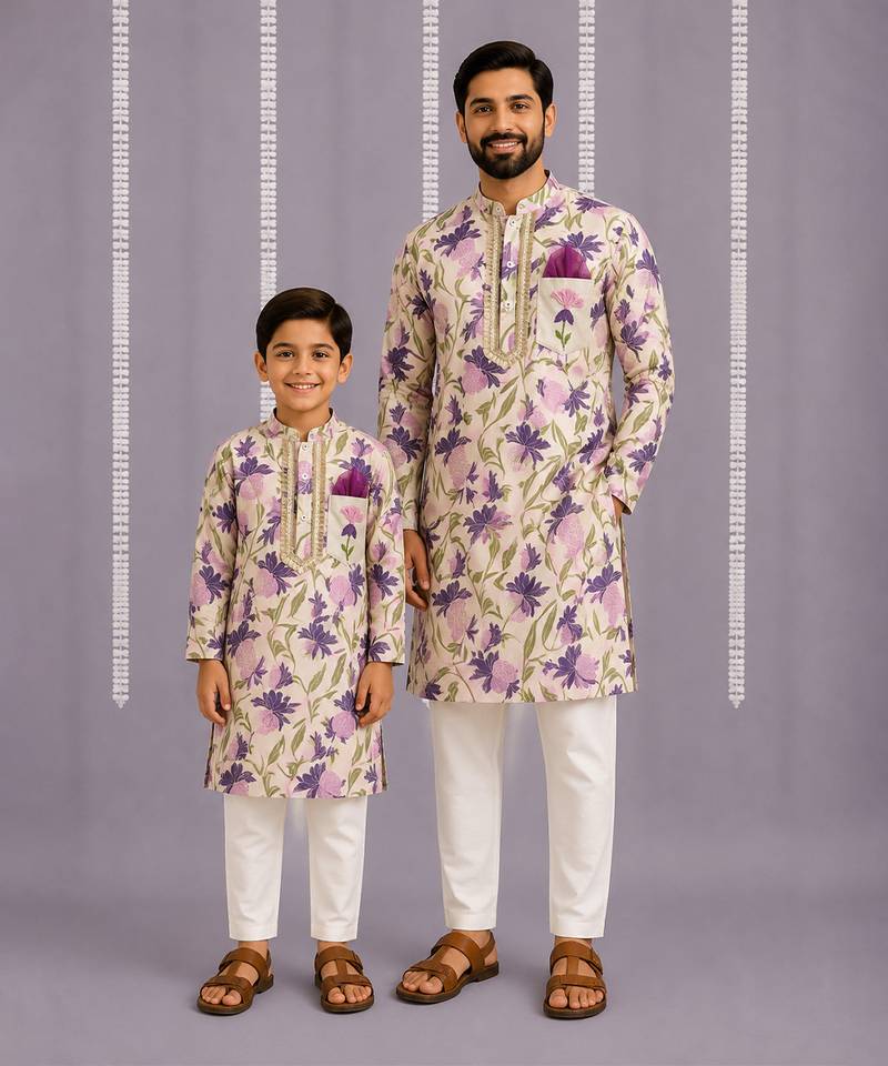 Purple off white printed cotton silk father son kurta combo set