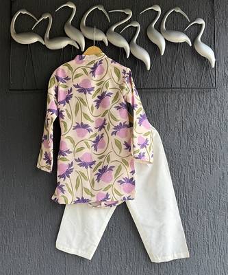 Purple off white printed cotton silk father son kurta combo set 2