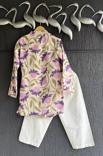 Purple off white printed cotton silk father son kurta combo set