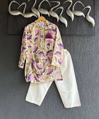 Purple off white printed cotton silk father son kurta combo set 4