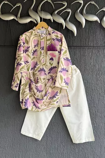 Purple off white printed cotton silk father son kurta combo set