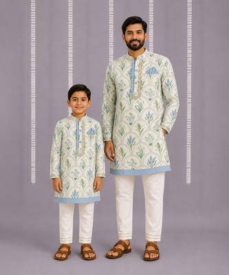 Powder blue floral printed cotton silk father son kurta combo set 1