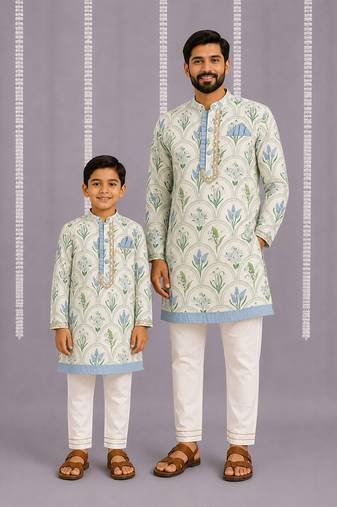 Powder blue floral printed cotton silk father son kurta combo set