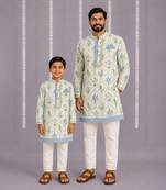 Powder blue floral printed cotton silk father son kurta combo set