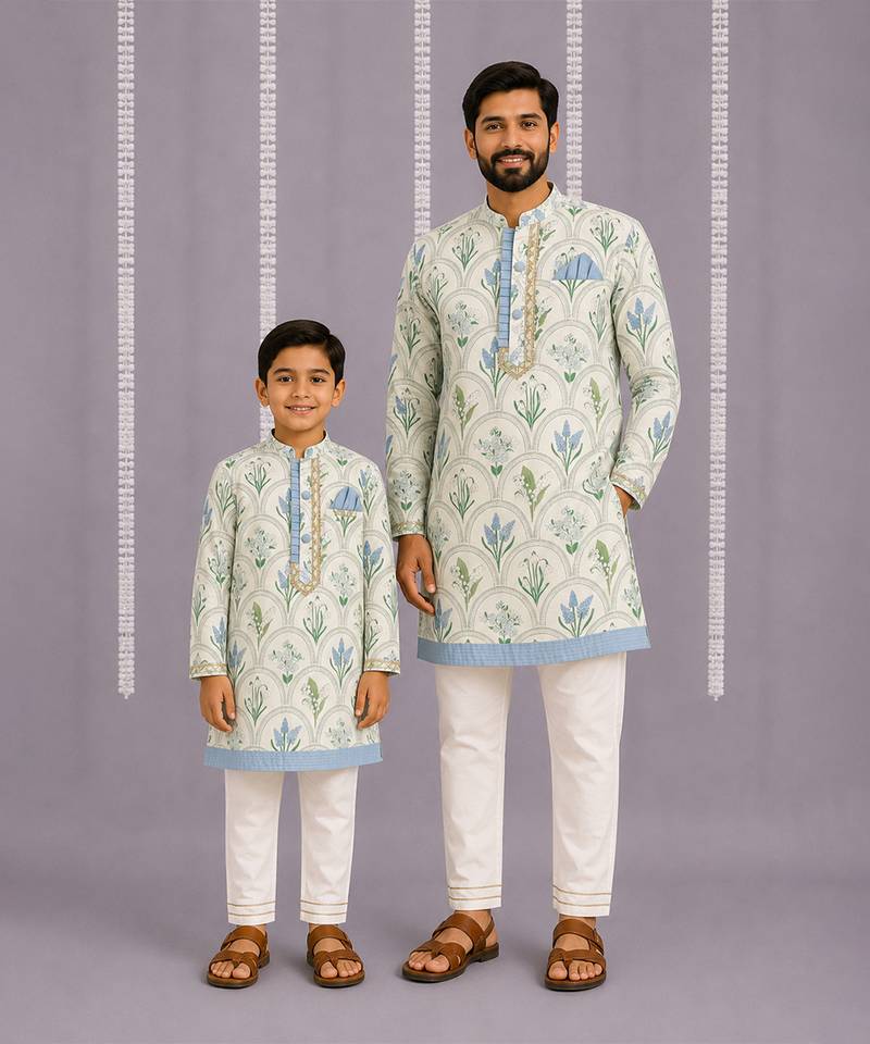 Powder blue floral printed cotton silk father son kurta combo set