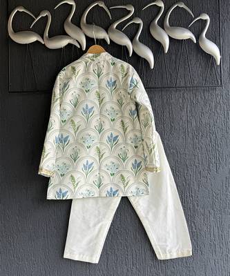 Powder blue floral printed cotton silk father son kurta combo set 2