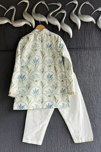 Powder blue floral printed cotton silk father son kurta combo set
