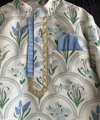 Powder blue floral printed cotton silk father son kurta combo set 3