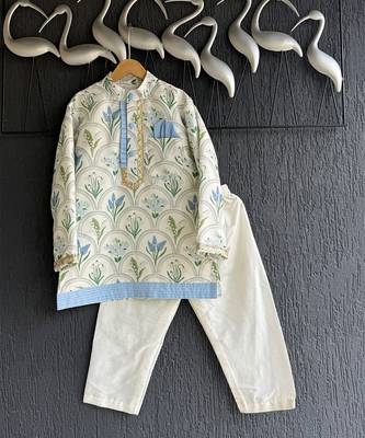 Powder blue floral printed cotton silk father son kurta combo set 4