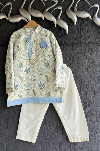 Powder blue floral printed cotton silk father son kurta combo set