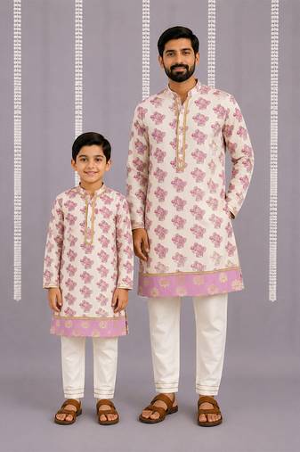 Off white purple printed cotton silk father son kurta combo set