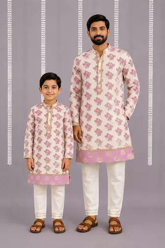 Off white purple printed cotton silk father son kurta combo set