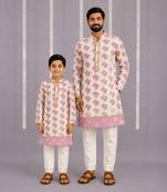 Off white purple printed cotton silk father son kurta combo set