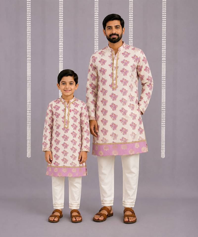 Off white purple printed cotton silk father son kurta combo set
