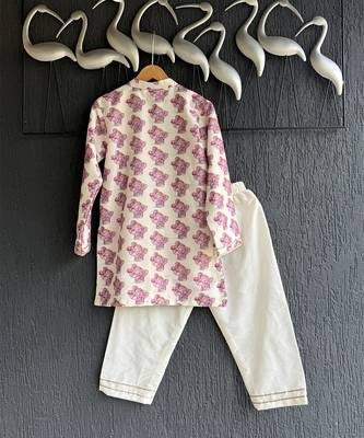 Off white purple printed cotton silk father son kurta combo set 3