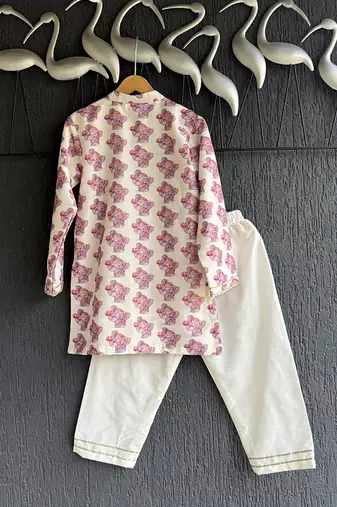 Off white purple printed cotton silk father son kurta combo set