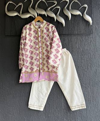 Off white purple printed cotton silk father son kurta combo set 4