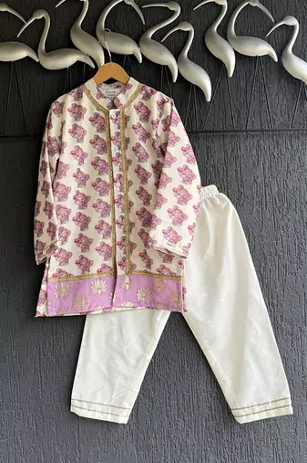 Off white purple printed cotton silk father son kurta combo set