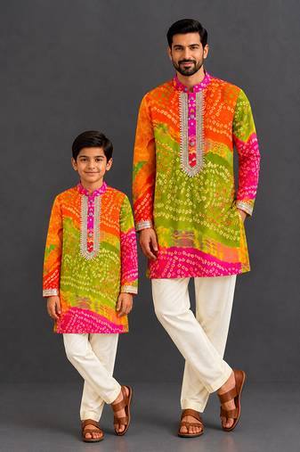 Multicolor printed cotton silk father son kurta combo set