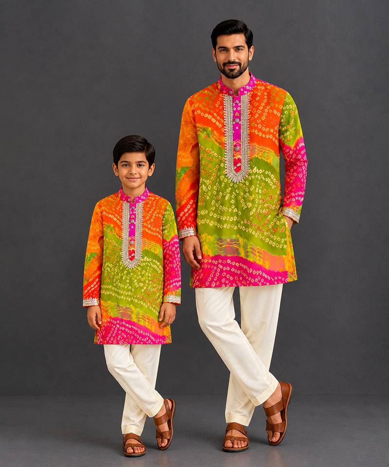 Multicolor printed cotton silk father son kurta combo set