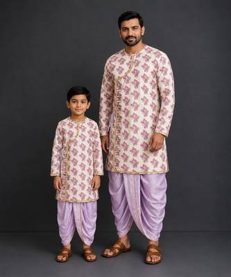 Off white purple printed cotton silk father son dhoti kurta combo set 1