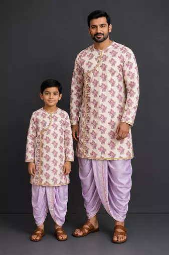Off white purple printed cotton silk father son dhoti kurta combo set
