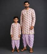 Off white purple printed cotton silk father son dhoti kurta combo set