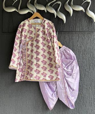 Off white purple printed cotton silk father son dhoti kurta combo set 2