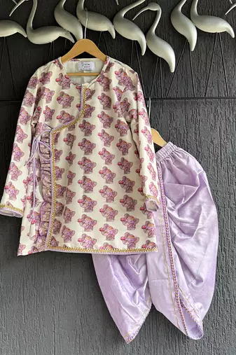Off white purple printed cotton silk father son dhoti kurta combo set